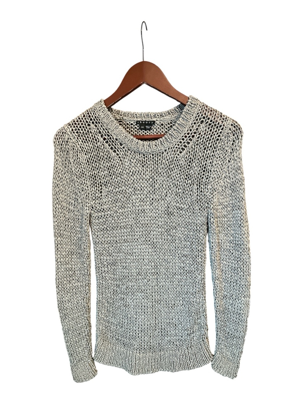 Theory Shirlyn Open Space Sweater Large Crochet Gray Minimalist Quiet Luxury